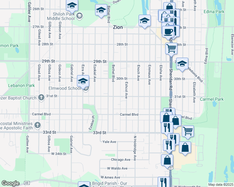 map of restaurants, bars, coffee shops, grocery stores, and more near 3023 Bethel Boulevard in Zion