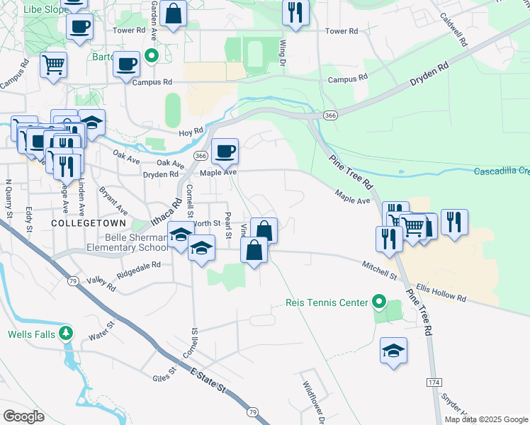 map of restaurants, bars, coffee shops, grocery stores, and more near Veteran's Place in Ithaca