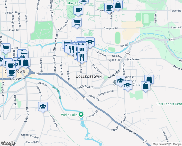 map of restaurants, bars, coffee shops, grocery stores, and more near 204 Delaware Avenue in Ithaca