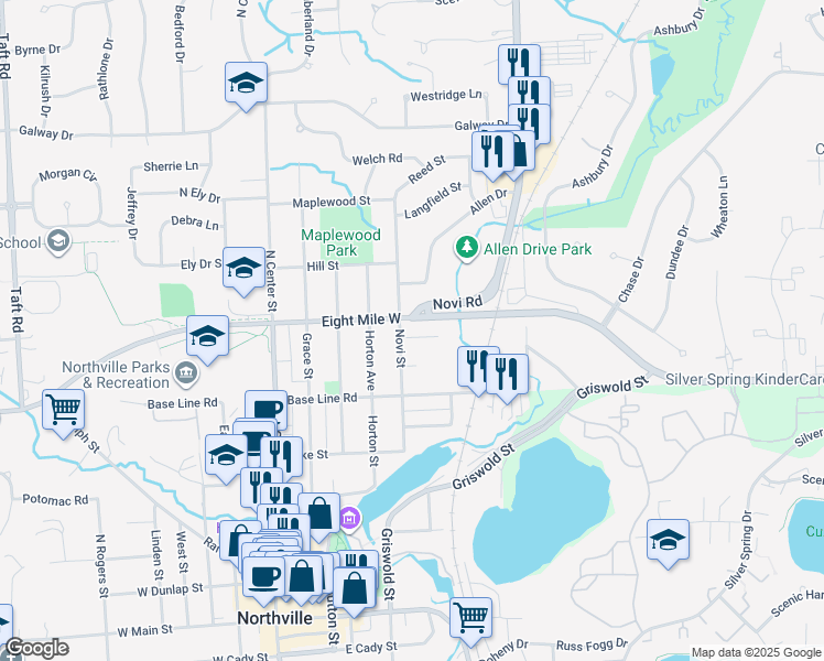 map of restaurants, bars, coffee shops, grocery stores, and more near 43785 Dorisa Court in Northville