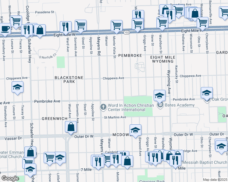 map of restaurants, bars, coffee shops, grocery stores, and more near 19961 Monte Vista Street in Detroit