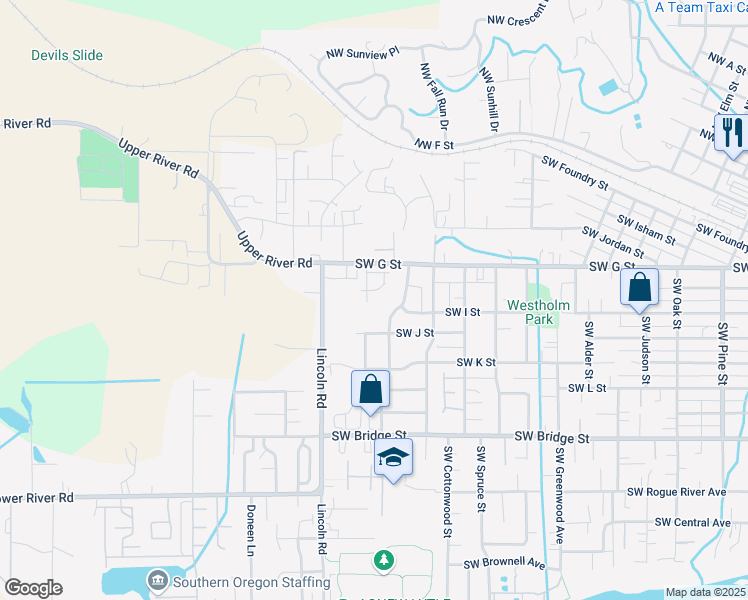 map of restaurants, bars, coffee shops, grocery stores, and more near 373 Southwest Bayou Place in Grants Pass