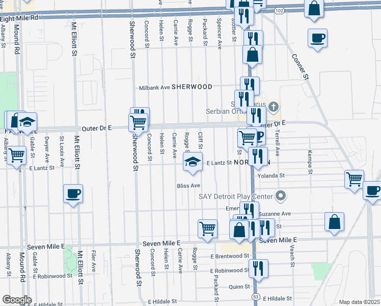map of restaurants, bars, coffee shops, grocery stores, and more near 19642 Rogge Street in Detroit