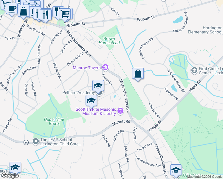 map of restaurants, bars, coffee shops, grocery stores, and more near 5 Pelham Road in Lexington