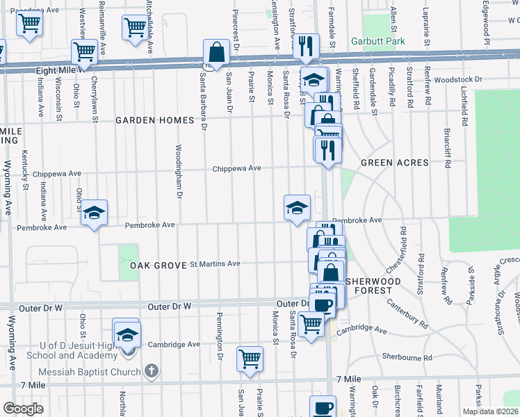 map of restaurants, bars, coffee shops, grocery stores, and more near 19947 Prairie Street in Detroit