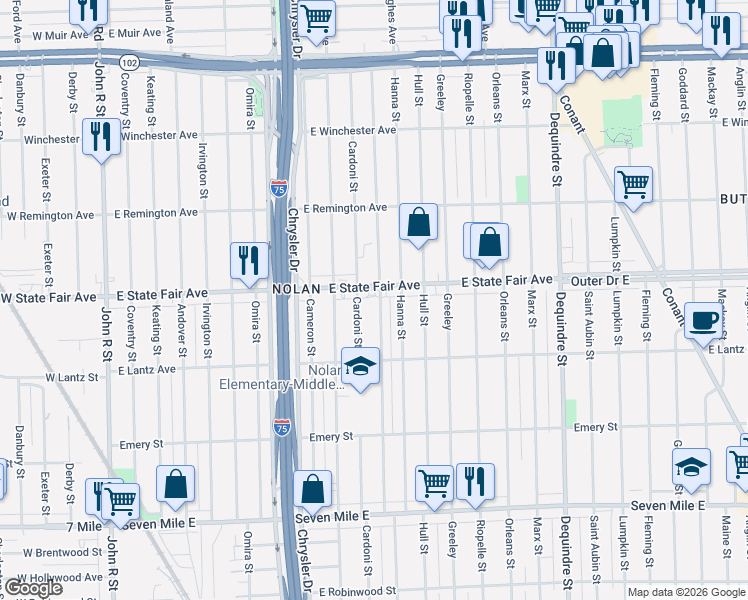 map of restaurants, bars, coffee shops, grocery stores, and more near 20013 Russell in Highland Park