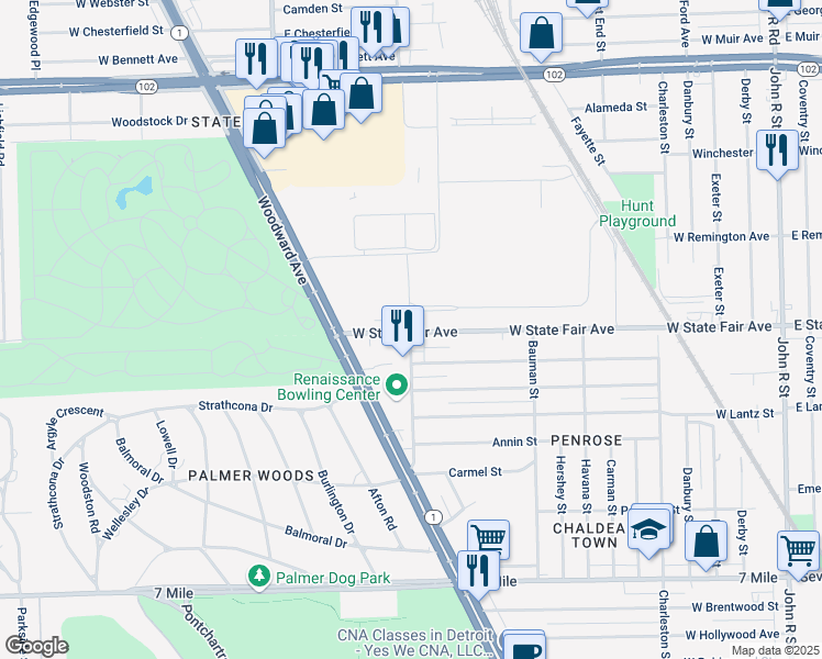 map of restaurants, bars, coffee shops, grocery stores, and more near 1120 West State Fair Avenue in Detroit