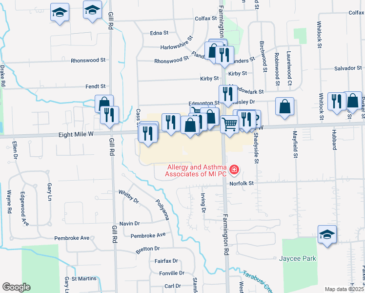 map of restaurants, bars, coffee shops, grocery stores, and more near 33579 West 8 Mile Road in Livonia