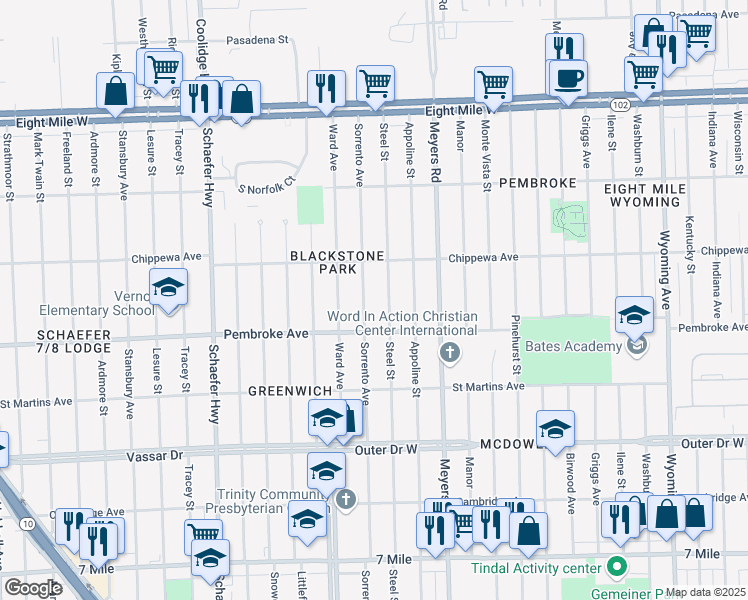 map of restaurants, bars, coffee shops, grocery stores, and more near 19966 Sorrento Street in Detroit