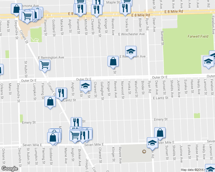 map of restaurants, bars, coffee shops, grocery stores, and more near 19707 Klinger Street in Detroit