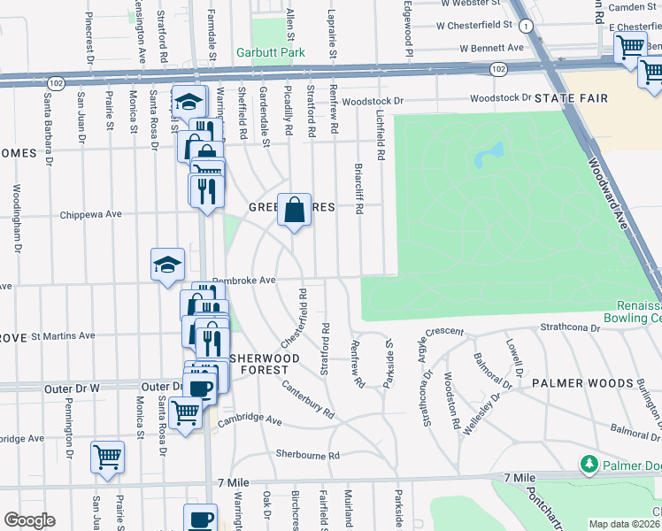 map of restaurants, bars, coffee shops, grocery stores, and more near 19930 Stratford Road in Detroit