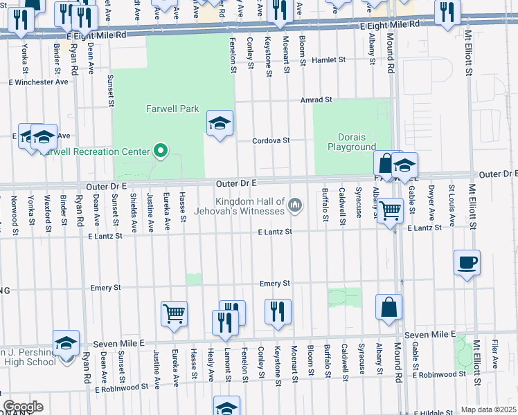 map of restaurants, bars, coffee shops, grocery stores, and more near 19676 Conley Street in Detroit