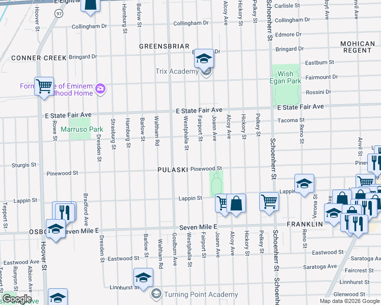 map of restaurants, bars, coffee shops, grocery stores, and more near 19568 Westphalia Street in Detroit
