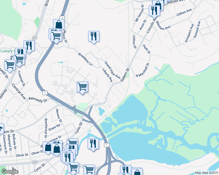 map of restaurants, bars, coffee shops, grocery stores, and more near 156A Salem Street in Revere