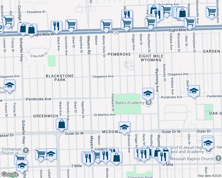 map of restaurants, bars, coffee shops, grocery stores, and more near 19966 Pinehurst Street in Detroit