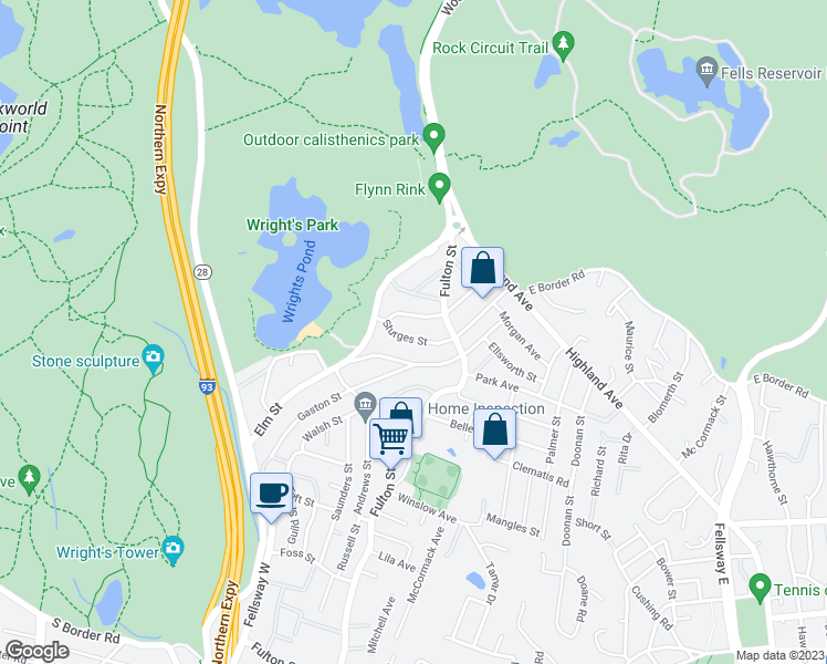 map of restaurants, bars, coffee shops, grocery stores, and more near 46 Sturges Street in Medford