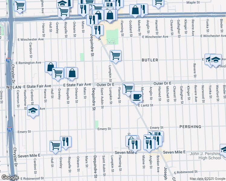 map of restaurants, bars, coffee shops, grocery stores, and more near 19715 Lumpkin Street in Detroit
