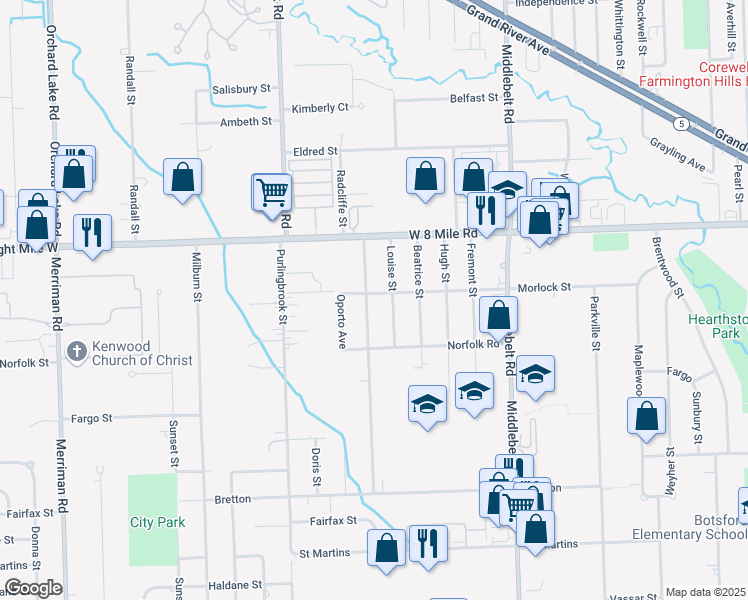 map of restaurants, bars, coffee shops, grocery stores, and more near 20350 Melvin Street in Livonia
