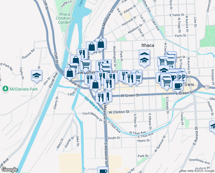 map of restaurants, bars, coffee shops, grocery stores, and more near 538 West State Street in Ithaca