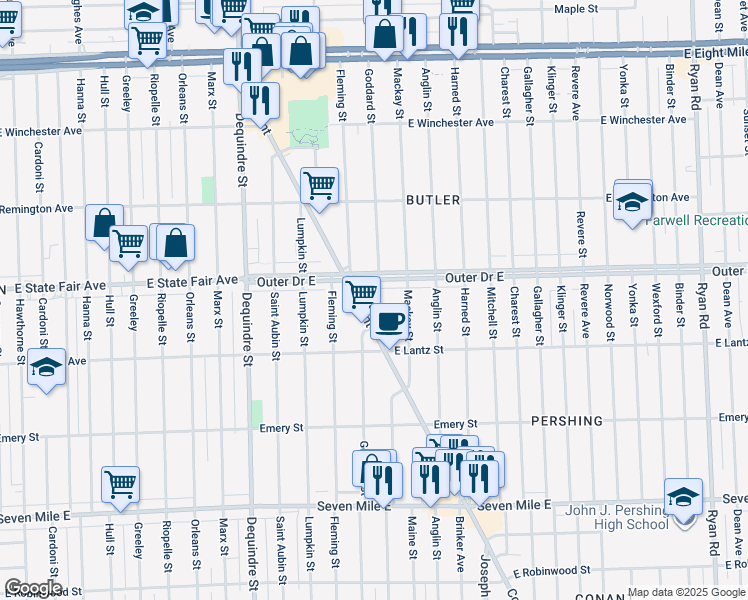 map of restaurants, bars, coffee shops, grocery stores, and more near 19735 Goddard Street in Detroit