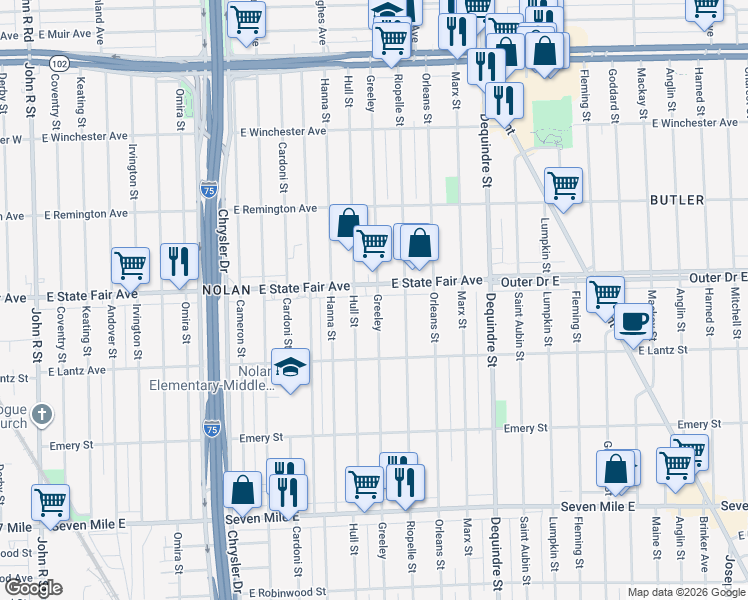 map of restaurants, bars, coffee shops, grocery stores, and more near 19729 Greeley Street in Highland Park