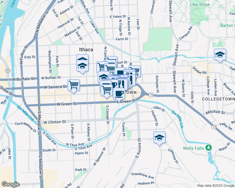 map of restaurants, bars, coffee shops, grocery stores, and more near in Ithaca