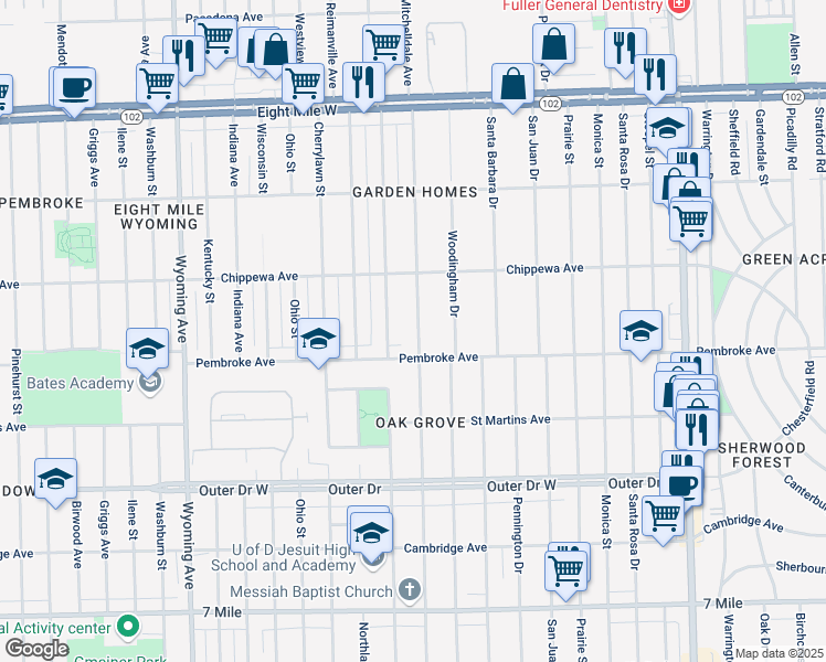 map of restaurants, bars, coffee shops, grocery stores, and more near 19951 Greenlawn Street in Detroit