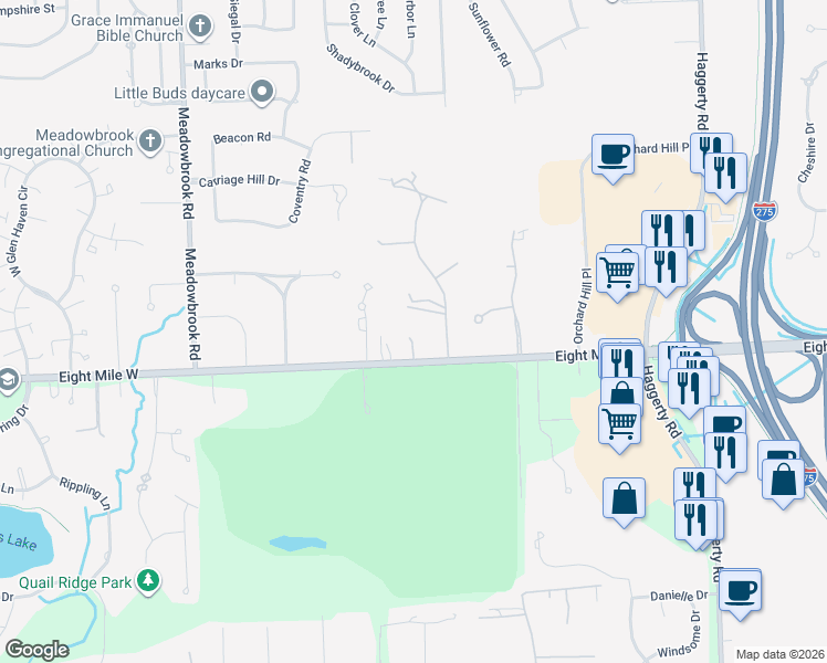 map of restaurants, bars, coffee shops, grocery stores, and more near 20775 Cambridge Drive in Northville