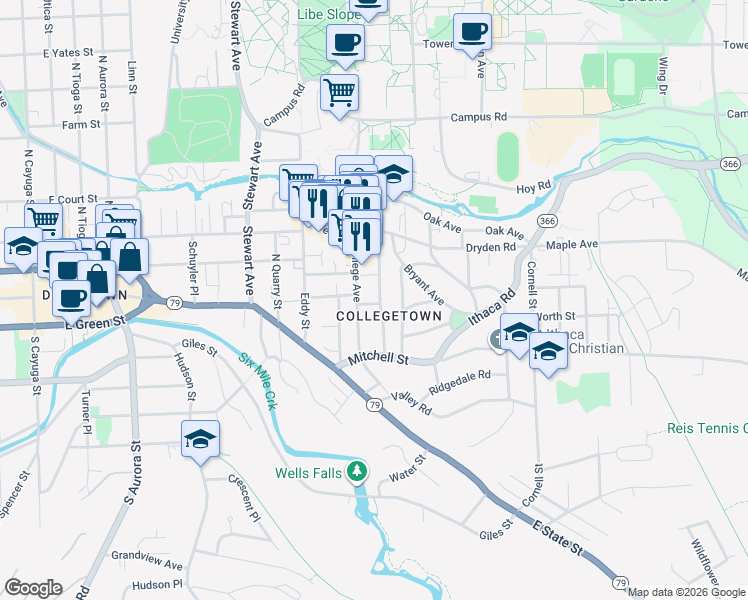 map of restaurants, bars, coffee shops, grocery stores, and more near 201 College Avenue in Ithaca