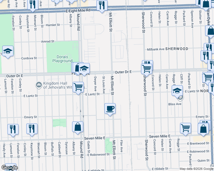 map of restaurants, bars, coffee shops, grocery stores, and more near 19662 Saint Louis Street in Detroit
