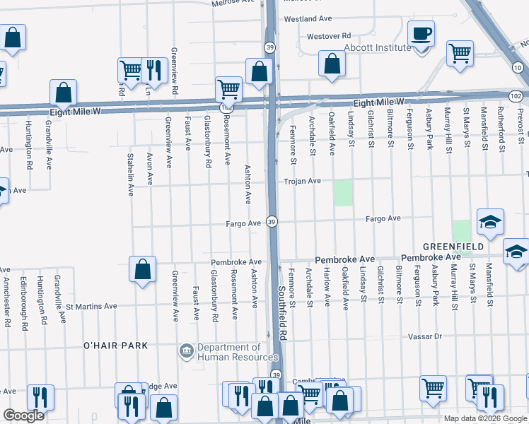 map of restaurants, bars, coffee shops, grocery stores, and more near 20029 Southfield Freeway in Detroit