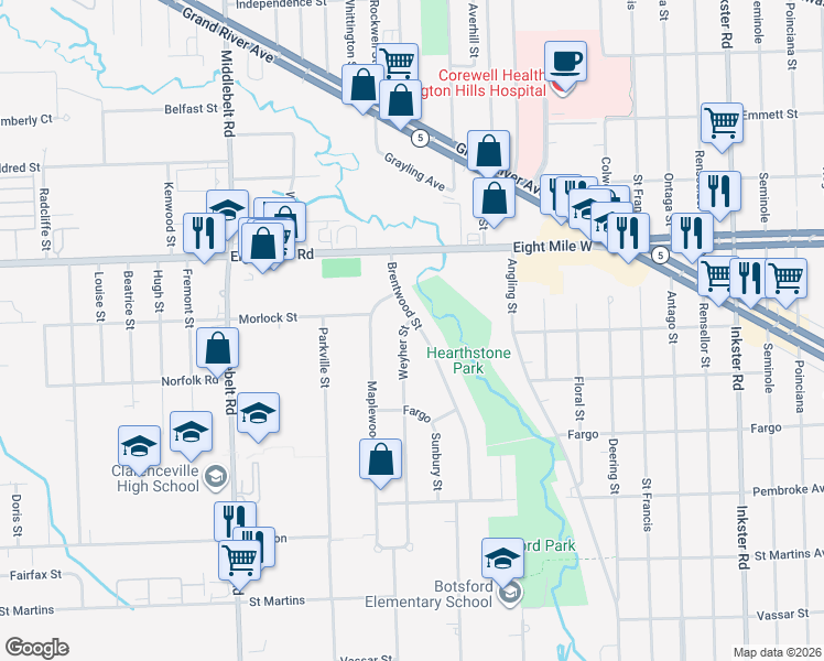 map of restaurants, bars, coffee shops, grocery stores, and more near 20358 Weyher St in Livonia