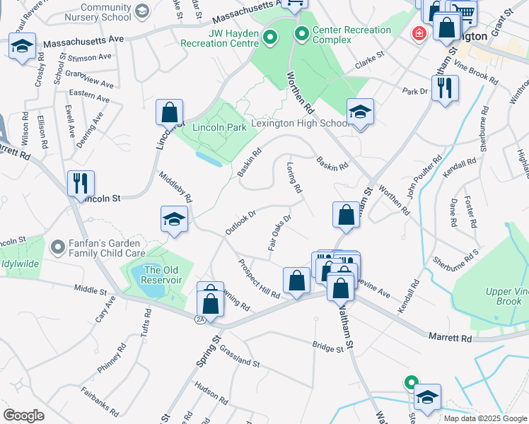 map of restaurants, bars, coffee shops, grocery stores, and more near 91 Outlook Drive in Lexington