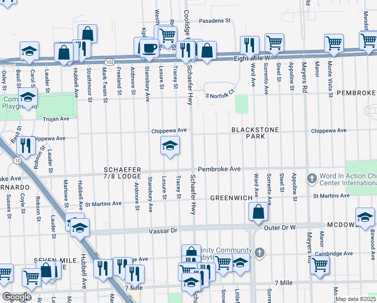 map of restaurants, bars, coffee shops, grocery stores, and more near 19981 Schaefer Highway in Detroit