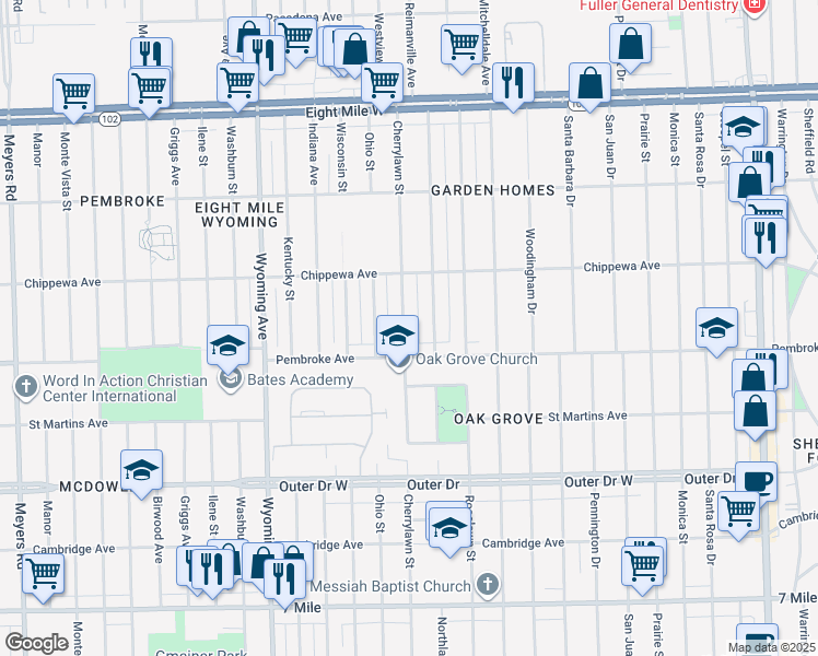 map of restaurants, bars, coffee shops, grocery stores, and more near 19954 Cherrylawn Street in Detroit