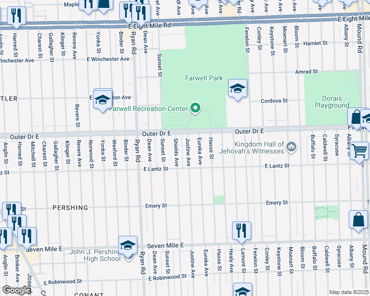 map of restaurants, bars, coffee shops, grocery stores, and more near 19693 Justine Street in Detroit