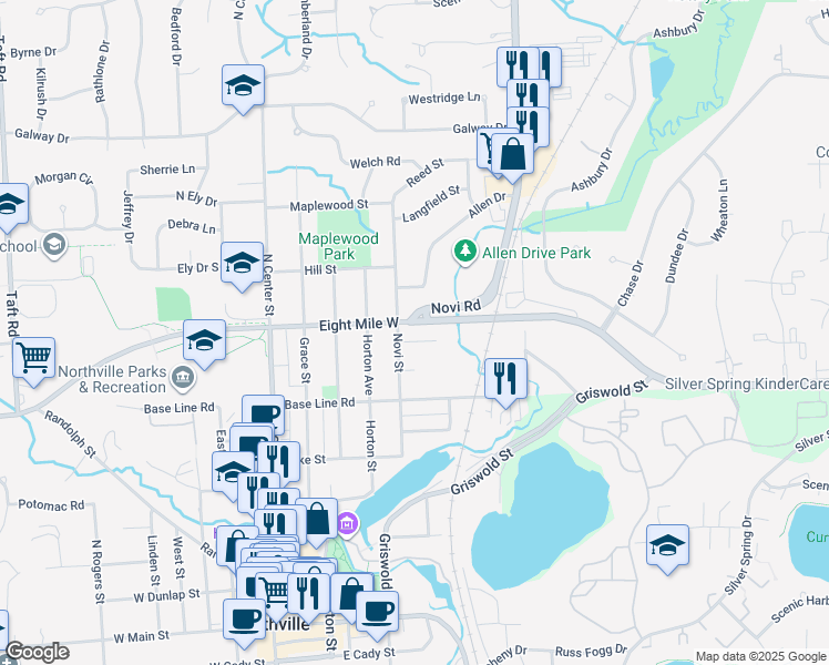 map of restaurants, bars, coffee shops, grocery stores, and more near 43785 Dorisa Court in Northville