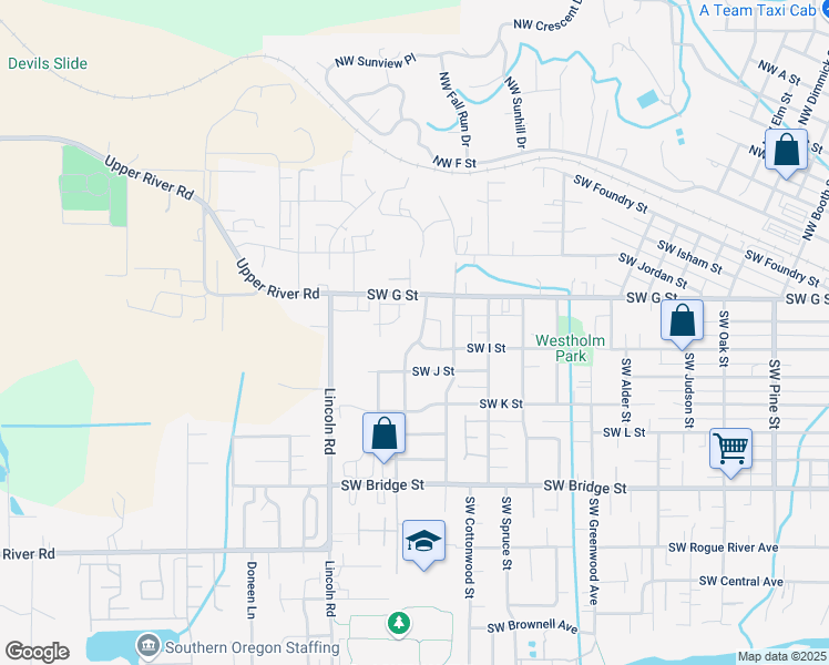 map of restaurants, bars, coffee shops, grocery stores, and more near 373 Southwest Bayou Place in Grants Pass
