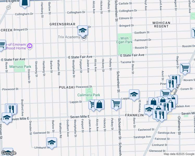 map of restaurants, bars, coffee shops, grocery stores, and more near 19566 Alcoy Avenue in Detroit