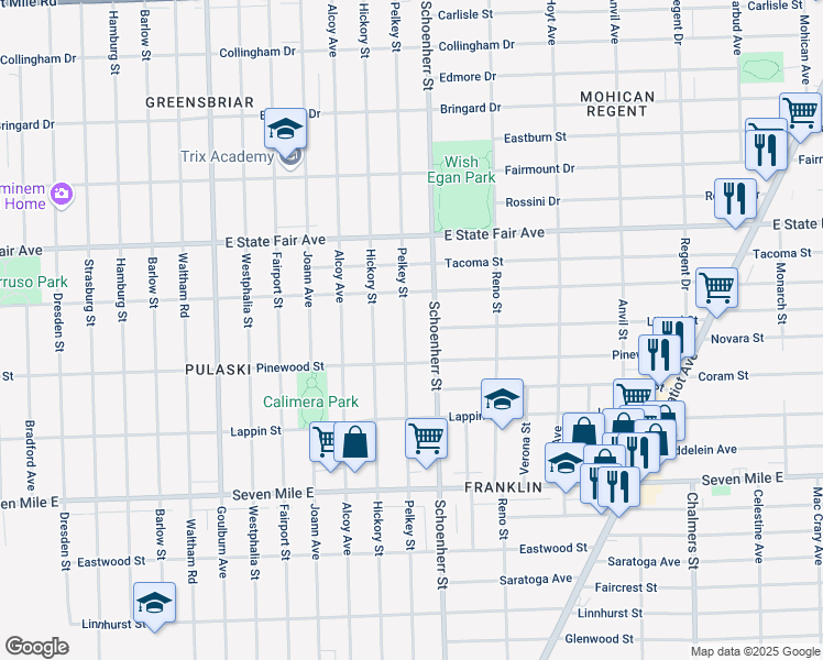 map of restaurants, bars, coffee shops, grocery stores, and more near 19558 Pelkey Street in Detroit