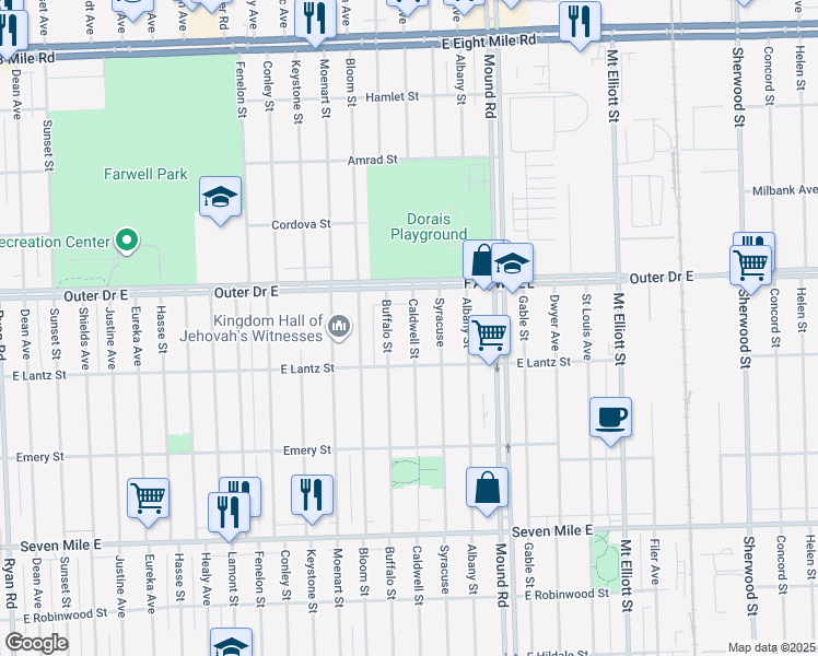map of restaurants, bars, coffee shops, grocery stores, and more near 19675 Caldwell Street in Detroit