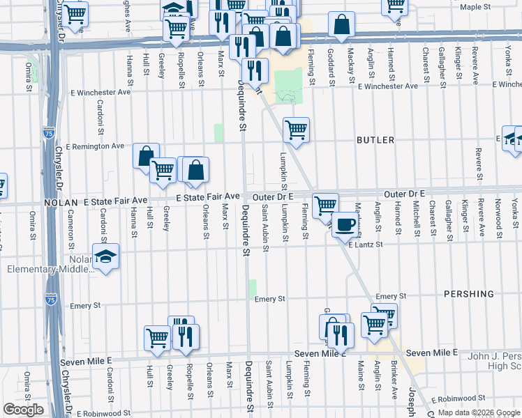 map of restaurants, bars, coffee shops, grocery stores, and more near 19723 Saint Aubin Street in Detroit
