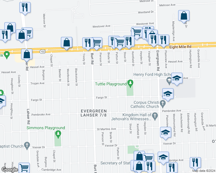 map of restaurants, bars, coffee shops, grocery stores, and more near 20079 Braile Street in Detroit