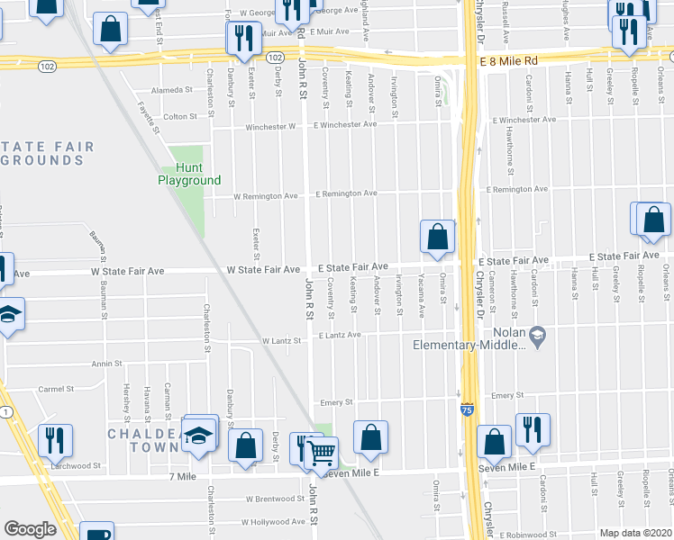 map of restaurants, bars, coffee shops, grocery stores, and more near 304 East State Fair Avenue in Detroit