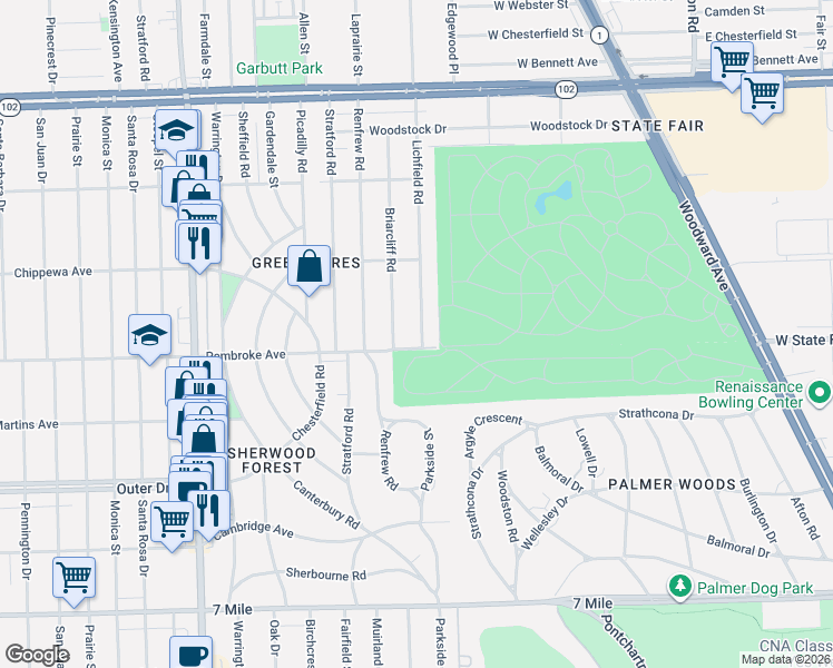 map of restaurants, bars, coffee shops, grocery stores, and more near 19923 Lichfield Road in Detroit