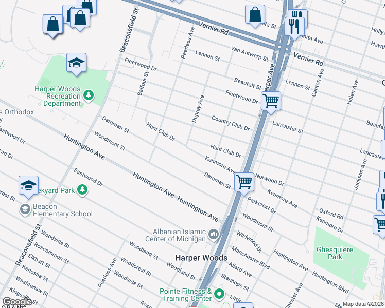 map of restaurants, bars, coffee shops, grocery stores, and more near 20430 Kenmore Avenue in Harper Woods