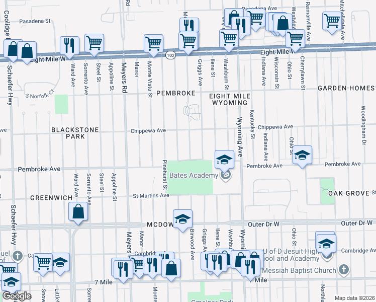 map of restaurants, bars, coffee shops, grocery stores, and more near 19967 Birwood Street in Detroit