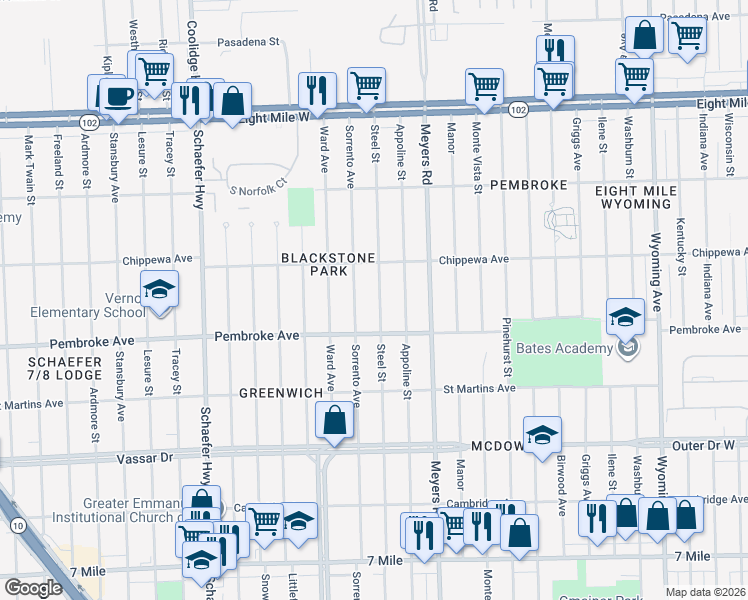 map of restaurants, bars, coffee shops, grocery stores, and more near 19969 Steel Street in Detroit