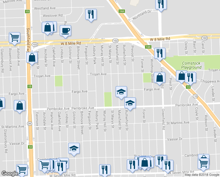 map of restaurants, bars, coffee shops, grocery stores, and more near 20011 Saint Marys Street in Detroit