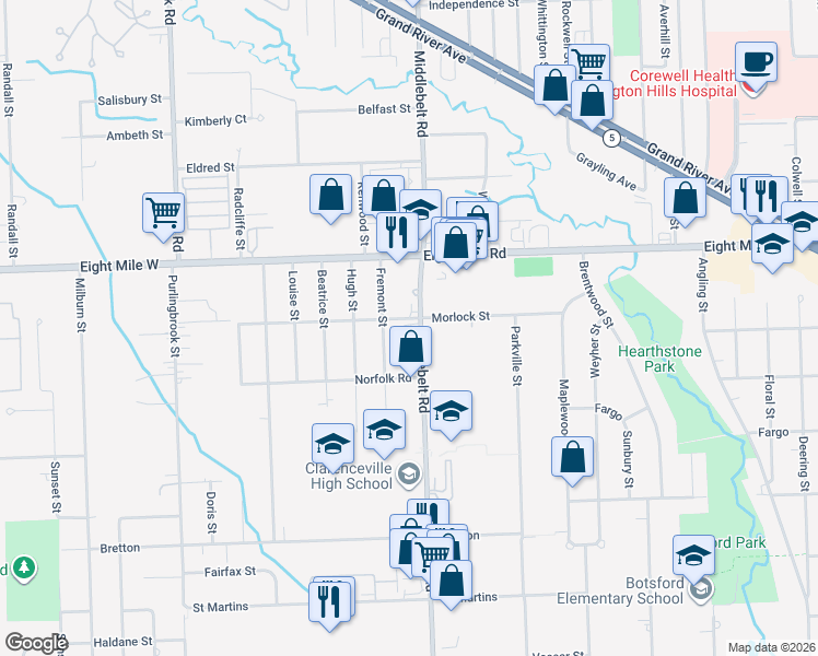 map of restaurants, bars, coffee shops, grocery stores, and more near 20385 Middlebelt Road in Livonia